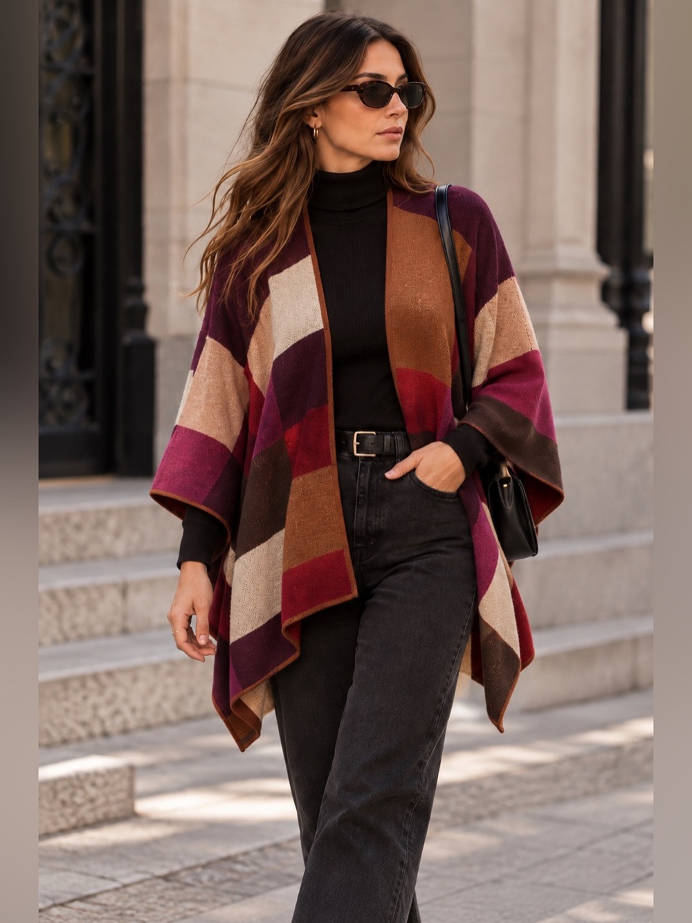 Coldwater Creek Colorblock Knit Ruana Poncho Wool Blend Open Front
